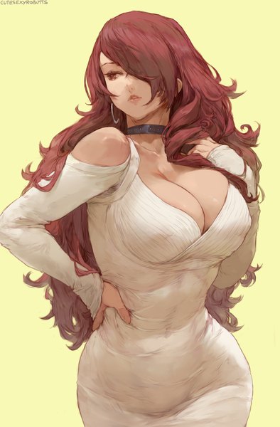 Anime-Bild 3612x5500 mit persona 3 persona kirijou mitsuru cutesexyrobutts single long hair tall image fringe highres breasts light erotic simple background red eyes large breasts standing bare shoulders signed absurdres cleavage red hair