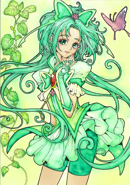 Anime picture 716x1022 with precure yes! precure 5 yes! precure 5 gogo! toei animation akimoto komachi cure mint sayococco single long hair tall image looking at viewer blush smile green eyes ponytail green hair magical girl traditional media girl hair ornament