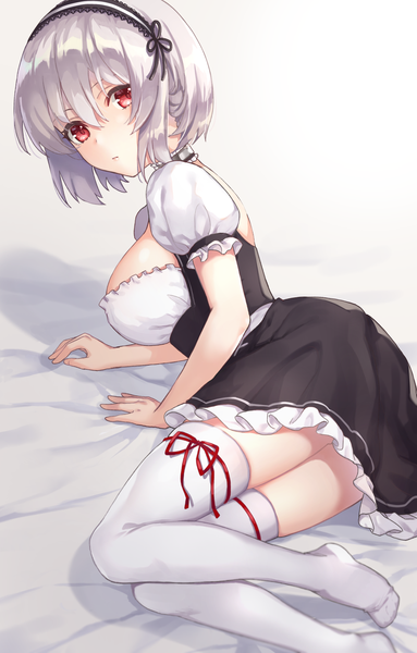 Anime picture 1033x1616 with azur lane sirius (azur lane) kon (k0n16) single tall image looking at viewer fringe short hair breasts light erotic hair between eyes red eyes large breasts payot white hair lying looking back short sleeves maid no shoes