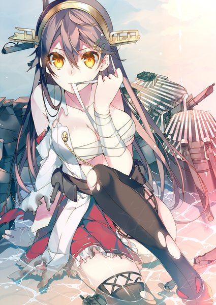 Anime picture 717x1012 with kantai collection haruna battleship kureaki (exit) single long hair tall image looking at viewer fringe breasts light erotic brown hair large breasts bare shoulders holding bent knee (knees) traditional clothes pleated skirt from above arm support orange eyes