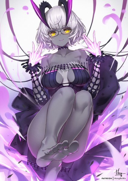Anime picture 707x1000 with fate (series) fate/grand order jacques de molay (foreigner) (fate) jacques de molay (foreigner) (third ascension) (fate) hong (white spider) single tall image looking at viewer fringe short hair breasts light erotic smile large breasts signed yellow eyes cleavage white hair blunt bangs barefoot