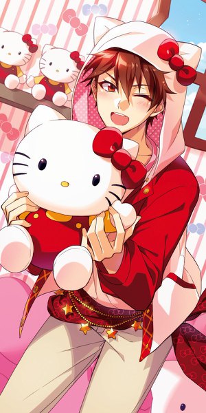Anime picture 600x1200 with hello kitty ensemble stars! sanrio morisawa chiaki ryuaa single tall image looking at viewer blush fringe short hair open mouth hair between eyes red eyes brown hair holding indoors one eye closed wink open jacket
