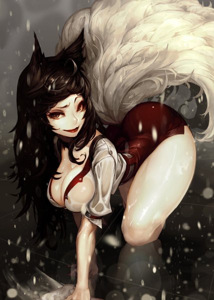 Anime picture 1280x1796 with league of legends ahri (league of legends) dutomaster single long hair tall image looking at viewer breasts light erotic black hair simple background smile large breasts brown eyes animal ears cleavage ahoge bent knee (knees) tail animal tail