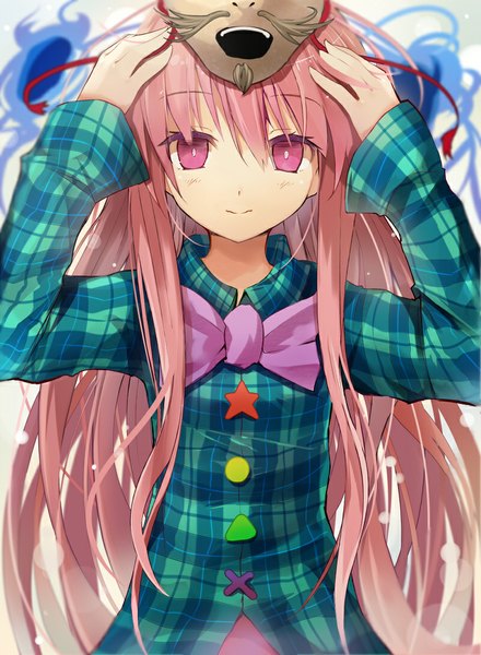 Anime picture 800x1090 with touhou hata no kokoro efe single long hair tall image looking at viewer blush smile pink hair pink eyes mask on head girl bowtie mask
