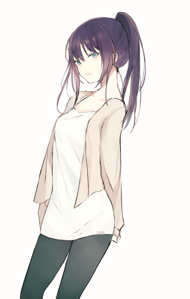 Anime picture 605x950 with original lpip single long hair tall image looking at viewer blush fringe open mouth blue eyes simple background hair between eyes standing white background signed payot purple hair ponytail long sleeves head tilt