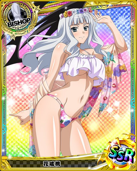 Anime picture 640x800 with highschool dxd hanakai momo single long hair tall image looking at viewer breasts blue eyes light erotic large breasts white hair midriff card (medium) girl navel swimsuit bikini wings wreath