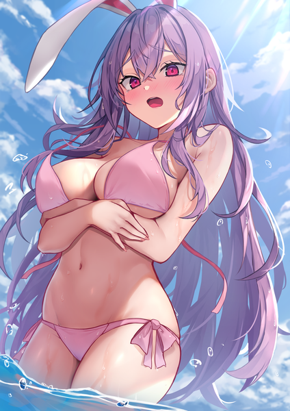 Anime picture 1447x2047 with touhou reisen udongein inaba wowoguni single long hair tall image blush fringe breasts open mouth light erotic hair between eyes large breasts standing animal ears sky purple hair cloud (clouds) outdoors pink eyes