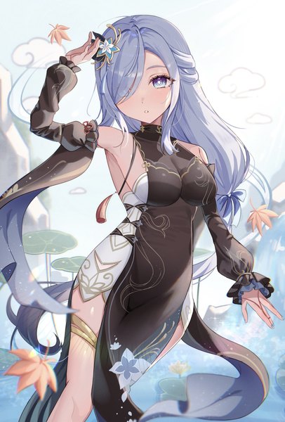Anime picture 2743x4056 with genshin impact shenhe (genshin impact) shenhe (frostflower dew) (genshin impact) rim (ririm711) single long hair tall image looking at viewer blush fringe highres breasts blue eyes light erotic standing bare shoulders sky silver hair cloud (clouds) nail polish