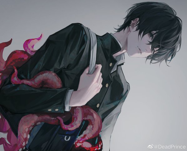 Anime picture 4096x3311 with chainsaw man mappa yoshida hirofumi octopus devil (chainsaw man) deadprince single fringe highres short hair black hair simple background hair between eyes signed absurdres upper body black eyes grey background mole twitter username piercing