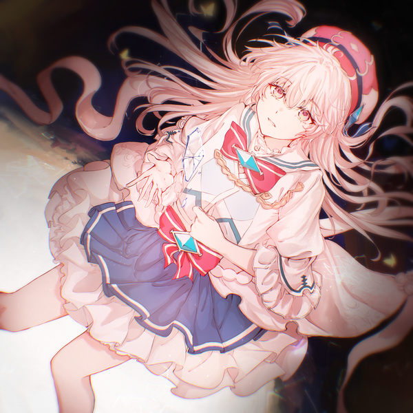 Anime picture 2048x2048 with arcaea hikari (arcaea) muonrei00 single long hair fringe highres open mouth simple background hair between eyes standing pink hair pink eyes from above dutch angle puffy sleeves sailor collar girl skirt hair ornament