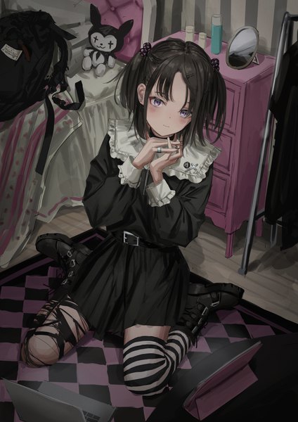 Anime picture 2894x4093 with original nadegata single tall image looking at viewer highres short hair black hair sitting purple eyes twintails long sleeves light smile torn clothes wariza striped revision checkered interlocked fingers girl