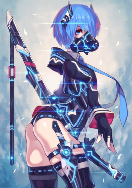 Anime picture 4093x5787 with original doku-chan (dokkudokudoku) single tall image looking at viewer fringe highres short hair blue eyes light erotic blue hair absurdres horn (horns) hair over one eye skindentation neon trim girl thighhighs gloves weapon