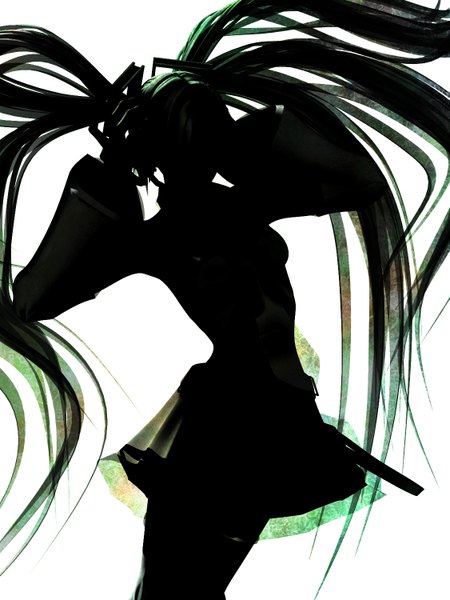 Anime picture 1125x1500 with vocaloid hatsune miku deino single long hair tall image breasts simple background white background twintails aqua hair hand on head silhouette girl skirt