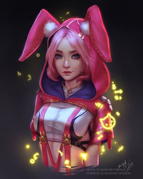 Anime picture 1639x2048 with original blondynkitezgraja single tall image looking at viewer short hair breasts simple background purple eyes signed animal ears pink hair upper body lips realistic grey background lipstick portrait fake animal ears bunny girl