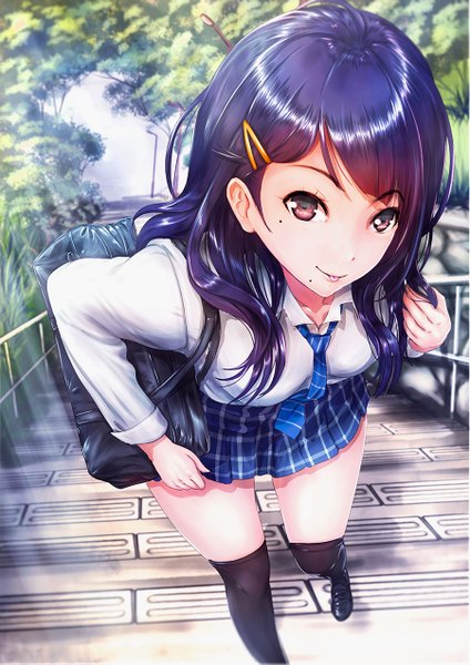 Anime picture 900x1273 with original konekoneko (indonesia) single long hair tall image looking at viewer fringe standing brown eyes blue hair outdoors sunlight mole leaning leaning forward mole under eye plaid skirt :p mole under mouth sunbeam