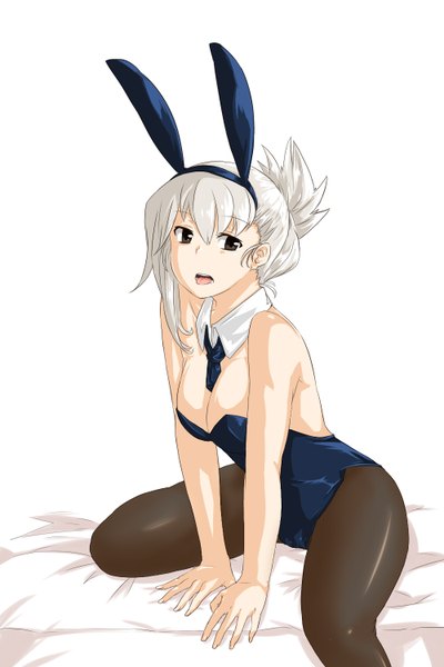 Anime picture 1000x1500 with league of legends riven (league of legends) battle bunny riven kaho single tall image short hair open mouth light erotic bare shoulders animal ears silver hair black eyes bunny ears girl pantyhose necktie tongue bunnysuit