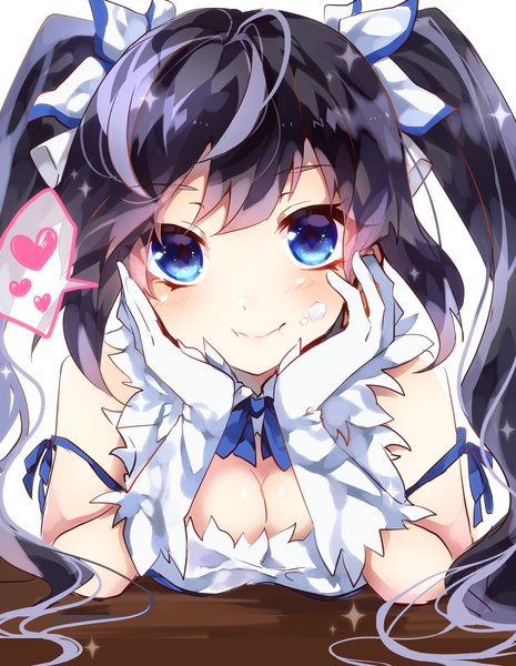 Anime picture 930x1200 with dungeon ni deai wo motomeru no wa machigatteiru darou ka j.c. staff hestia (danmachi) sweetroad single long hair tall image looking at viewer blush fringe breasts blue eyes black hair smile twintails bare shoulders rei no himo girl dress gloves