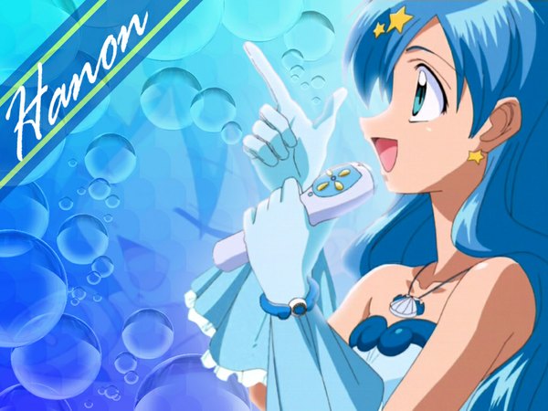 Anime picture 1024x768 with mermaid melody pichi pichi pitch houshou hanon single long hair open mouth blue eyes bare shoulders blue hair looking away upper body :d profile wallpaper character names singing girl hair ornament earrings star (symbol) bubble (bubbles)