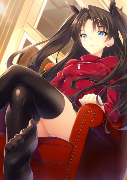 Anime picture 849x1200 with fate (series) fate/stay night type-moon toosaka rin kanata (pixiv1305983) single long hair tall image looking at viewer blue eyes light erotic brown hair twintails pantyshot no shoes erect nipples covered nipples pantyshot sitting girl thighhighs