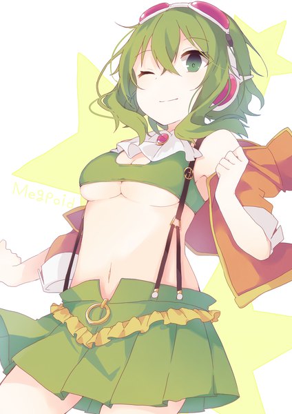 Anime picture 2893x4092 with vocaloid gumi kaneko aaru single tall image fringe highres short hair breasts light erotic hair between eyes green eyes pleated skirt one eye closed green hair light smile from below underboob goggles on head girl