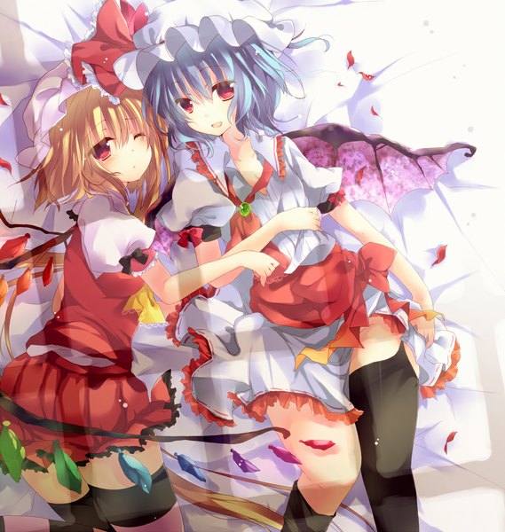 Anime picture 1100x1159 with touhou flandre scarlet remilia scarlet kisaragi kiriha tall image blush short hair blonde hair red eyes multiple girls blue hair one eye closed wink bat wings girl thighhighs dress skirt bow black thighhighs