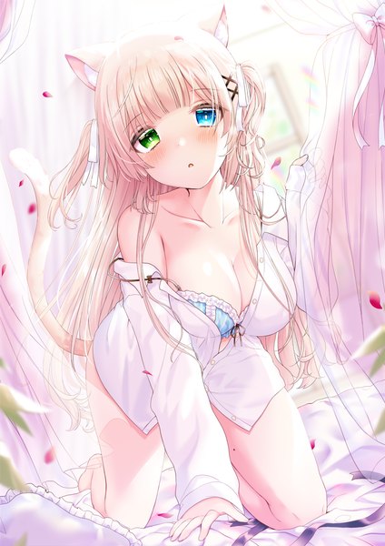 Anime picture 868x1228 with original moe2021 umino (umino00) single long hair tall image looking at viewer blush fringe breasts open mouth blue eyes light erotic blonde hair large breasts green eyes animal ears cleavage full body bent knee (knees)