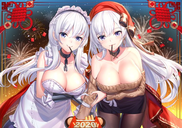 Anime picture 1500x1059 with azur lane belfast (azur lane) belfast (shopping with the head maid) (azur lane) ririko (zhuoyandesailaer) long hair looking at viewer blush fringe breasts blue eyes light erotic smile hair between eyes large breasts standing purple eyes bare shoulders multiple girls holding payot