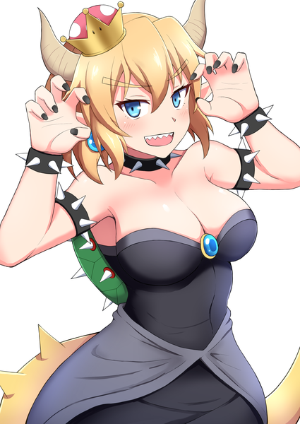 イラスト 1254x1771 と super mario bros. new super mario bros. u deluxe クッパ姫 スケヴェロス ソロ 長身像 カメラ目線 赤面 前髪 短い髪 おっぱい 開いた口 青い目 light erotic simple background 金髪 hair between eyes 大きな乳房 白背景 肩出し