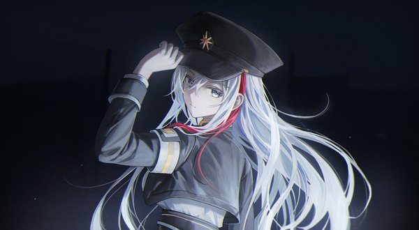 Anime picture 2829x1558 with 86 -eightysix- vladilena millize flippy (cripine111) single long hair fringe highres hair between eyes wide image silver hair upper body long sleeves looking back multicolored hair arm up grey eyes streaked hair adjusting hat girl hat