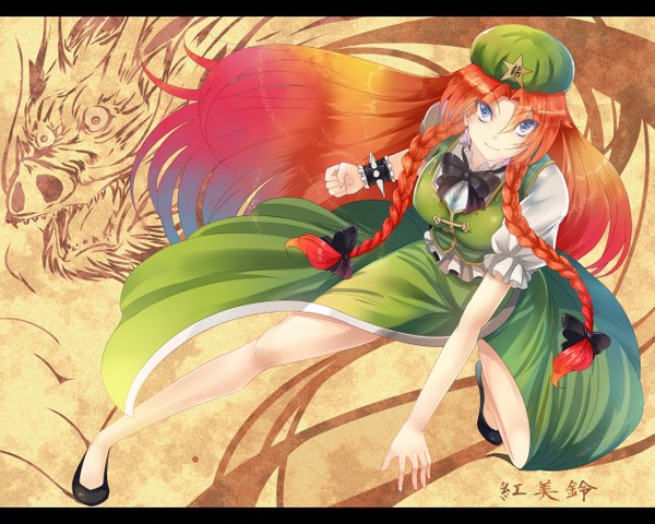 Anime picture 1260x1008 with touhou hong meiling llowoll (artist) single long hair blue eyes red hair braid (braids) chinese clothes girl skirt bow hair bow bowtie beret skirt set chinese dress dragon thorns
