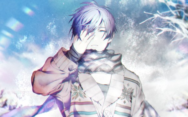 Anime picture 1795x1125 with vocaloid kaito (vocaloid) keishi single looking at viewer fringe highres short hair open mouth blue eyes wide image blue hair nail polish teeth winter hand on face boy scarf branch winter clothes