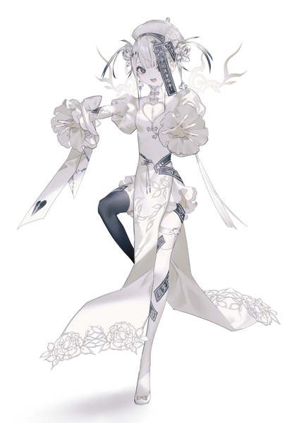 Anime picture 3541x5016 with original kotarou (kot mochi) single tall image looking at viewer fringe highres short hair open mouth simple background smile standing white background absurdres full body bent knee (knees) blunt bangs traditional clothes :d wide sleeves