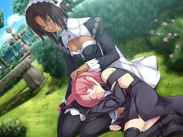 Anime picture 1024x768 with chrono belt (game) black hair multiple girls green eyes game cg red hair eyes closed maid sleeping girl 2 girls