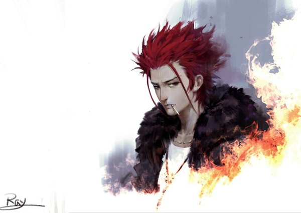 Anime picture 1219x864 with k-project gohands (studio) mikoto suoh ray (author) single looking at viewer short hair red eyes signed red hair realistic mouth hold smoking boy pendant fur jewelry necklace t-shirt fire