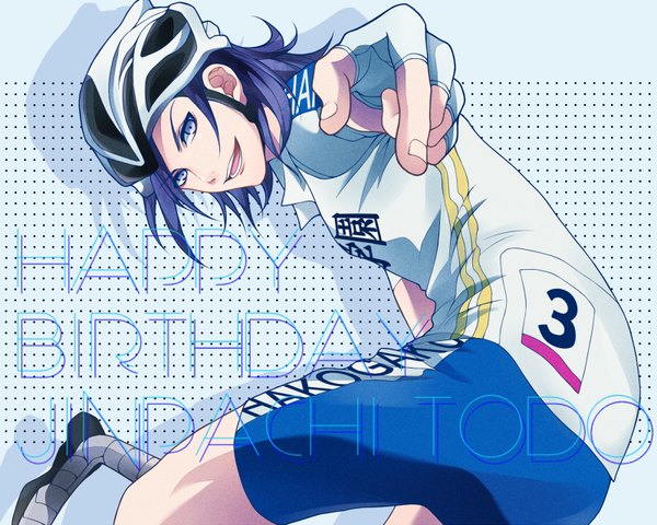 Anime picture 800x640 with yowamushi pedal toudou jinpachi myua single short hair open mouth smile purple eyes purple hair looking back shadow character names happy birthday pointing boy gloves uniform fingerless gloves gym uniform ground vehicle