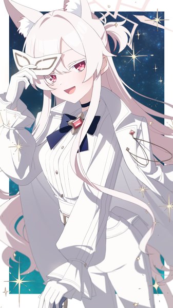 Anime picture 2160x3840 with blue archive akira (blue archive) kaerunrun single long hair tall image looking at viewer highres open mouth red eyes white hair :d border half updo outside border clothes on shoulders albino girl gloves choker