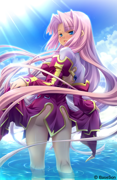 Anime picture 850x1304 with koihime musou doga kobo sonken hikage eiji single long hair tall image blush open mouth blue eyes light erotic pink hair sky cloud (clouds) girl dress water