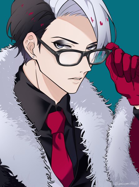 Anime picture 3042x4096 with twisted wonderland divus crewel wnk single tall image looking at viewer highres short hair black hair simple background signed absurdres silver hair upper body multicolored hair two-tone hair grey eyes twitter username eyeshadow adjusting glasses