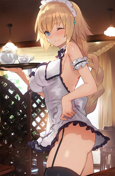 Anime picture 787x1200 with fate (series) fate/grand order fate/apocrypha jeanne d'arc (fate) (all) jeanne d'arc (fate) seon (seonon ) single long hair tall image looking at viewer blush fringe breasts blue eyes light erotic blonde hair smile hair between eyes large breasts standing