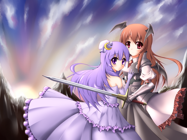 Anime picture 1600x1200 with touhou patchouli knowledge koakuma midoriiro no shinzou ryokushoku no shinzou blush red eyes brown hair purple eyes sky purple hair mountain girl sword