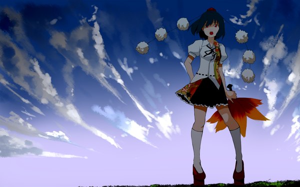 Anime picture 1440x900 with touhou shameimaru aya yokohachi single short hair black hair red eyes wide image sky girl skirt fan hauchiwa