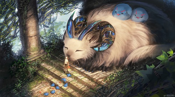 Anime picture 1403x785 with original arizuka (13033303) short hair wide image signed white hair lying eyes closed horn (horns) watermark walking ambiguous gender animal bird (birds) stairs claws pillar basket column whiskers