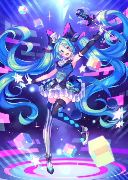 Anime picture 1769x2500 with vocaloid magical mirai (vocaloid) hatsune miku magical mirai miku magical mirai miku (2019) zoff (daria) single tall image looking at viewer blush fringe highres breasts open mouth smile standing twintails holding payot full body