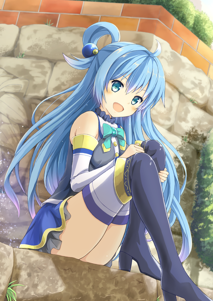 Anime picture 829x1170 with kono subarashii sekai ni shukufuku wo! studio deen aqua (konosuba) bluekalmia single long hair tall image looking at viewer blush fringe open mouth blue eyes hair between eyes sitting bare shoulders blue hair ahoge outdoors :d from below