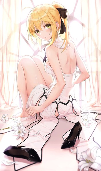 Anime picture 900x1526 with fate (series) fate/grand order fate/unlimited codes artoria pendragon (all) saber lily soyubee single long hair tall image looking at viewer blush fringe breasts open mouth light erotic blonde hair hair between eyes sitting green eyes payot