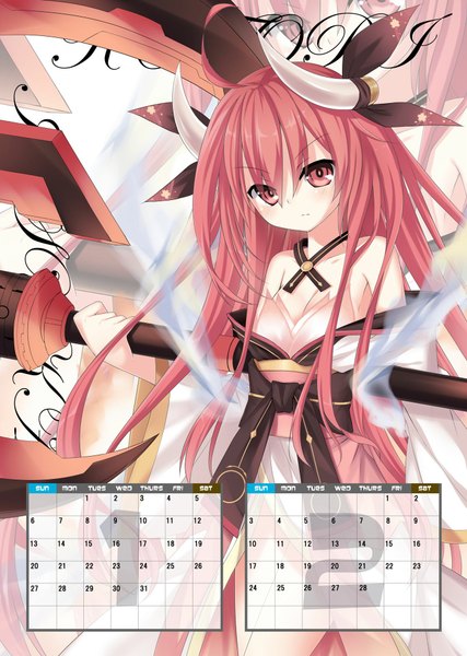 Anime picture 1422x2000 with date a live itsuka kotori sigemi single long hair tall image looking at viewer blush red eyes bare shoulders red hair horn (horns) girl dress hair ornament weapon calendar