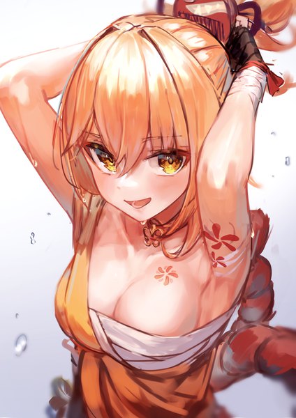 Anime picture 2894x4093 with genshin impact yoimiya (genshin impact) yu hydra single tall image fringe highres short hair breasts open mouth light erotic simple background blonde hair hair between eyes large breasts yellow eyes ponytail :d from above tattoo