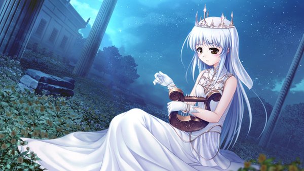 Anime picture 1280x720 with aiyoku no eustia saint irene single long hair fringe wide image sitting bare shoulders yellow eyes payot blue hair game cg bent knee (knees) outdoors light smile night night sky playing instrument girl dress