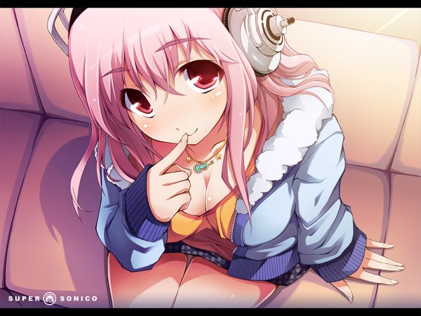 Anime picture 1280x960 with nitroplus super sonico chiri (atlanta) single long hair blush breasts light erotic smile large breasts sitting pink hair cleavage pink eyes from above no bra finger to mouth girl headphones pendant