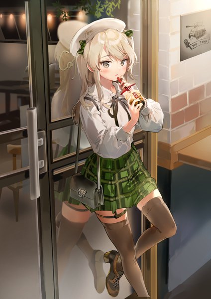 Anime picture 2894x4093 with girls und panzer shimada arisu anmi single long hair tall image looking at viewer blush fringe highres blonde hair standing holding payot grey eyes zettai ryouiki one side up plaid skirt standing on one leg reflection